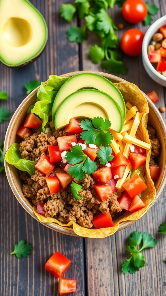 A colorful low carb taco bowl with ground meat, lettuce, tomatoes, cheese, and avocado on a rustic table.